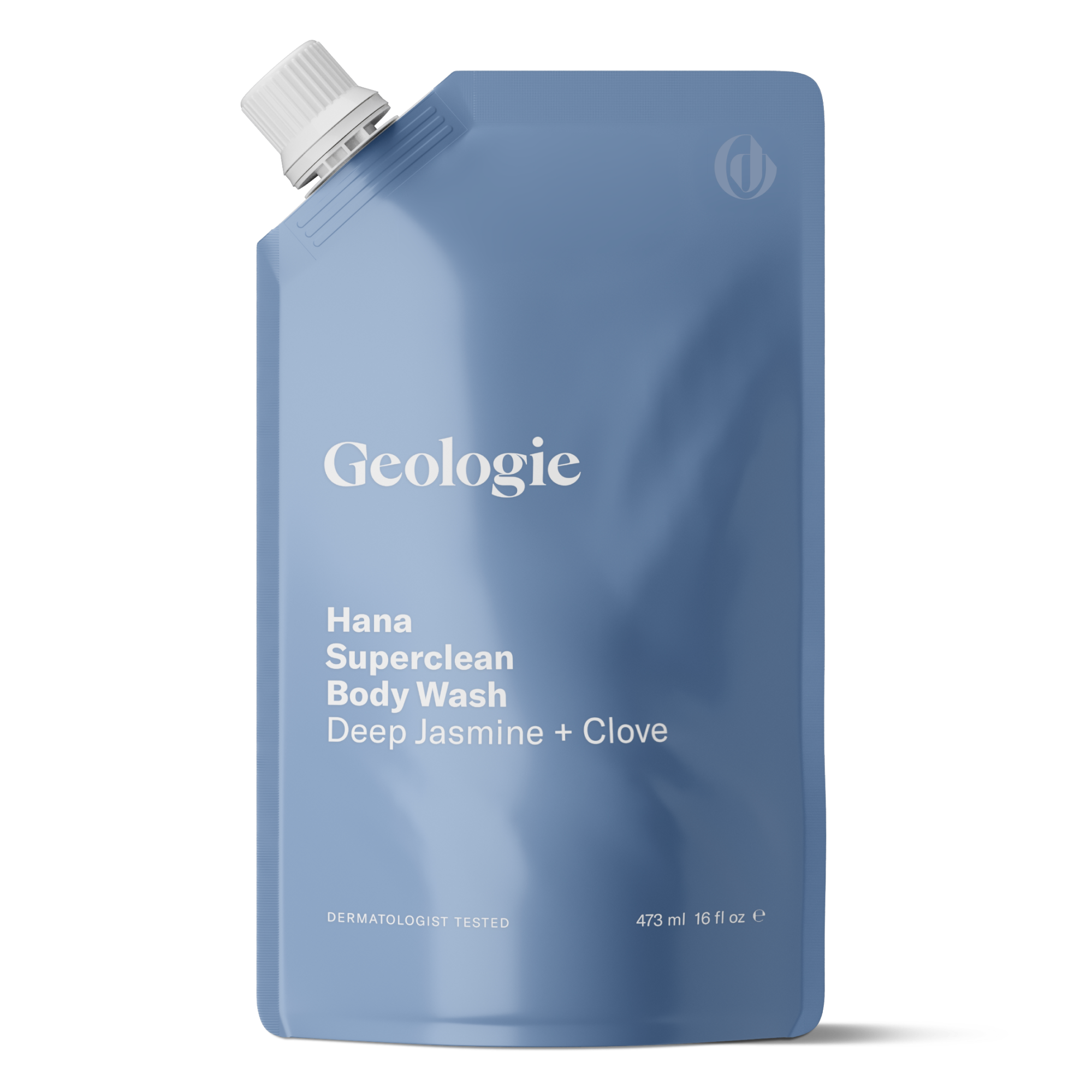 A Full Size Add-on pouch of Geologie Superclean Body Wash in blue, featuring the scent Deep Jasmine + Clove, with a capacity of 473 ml (16 fl oz).