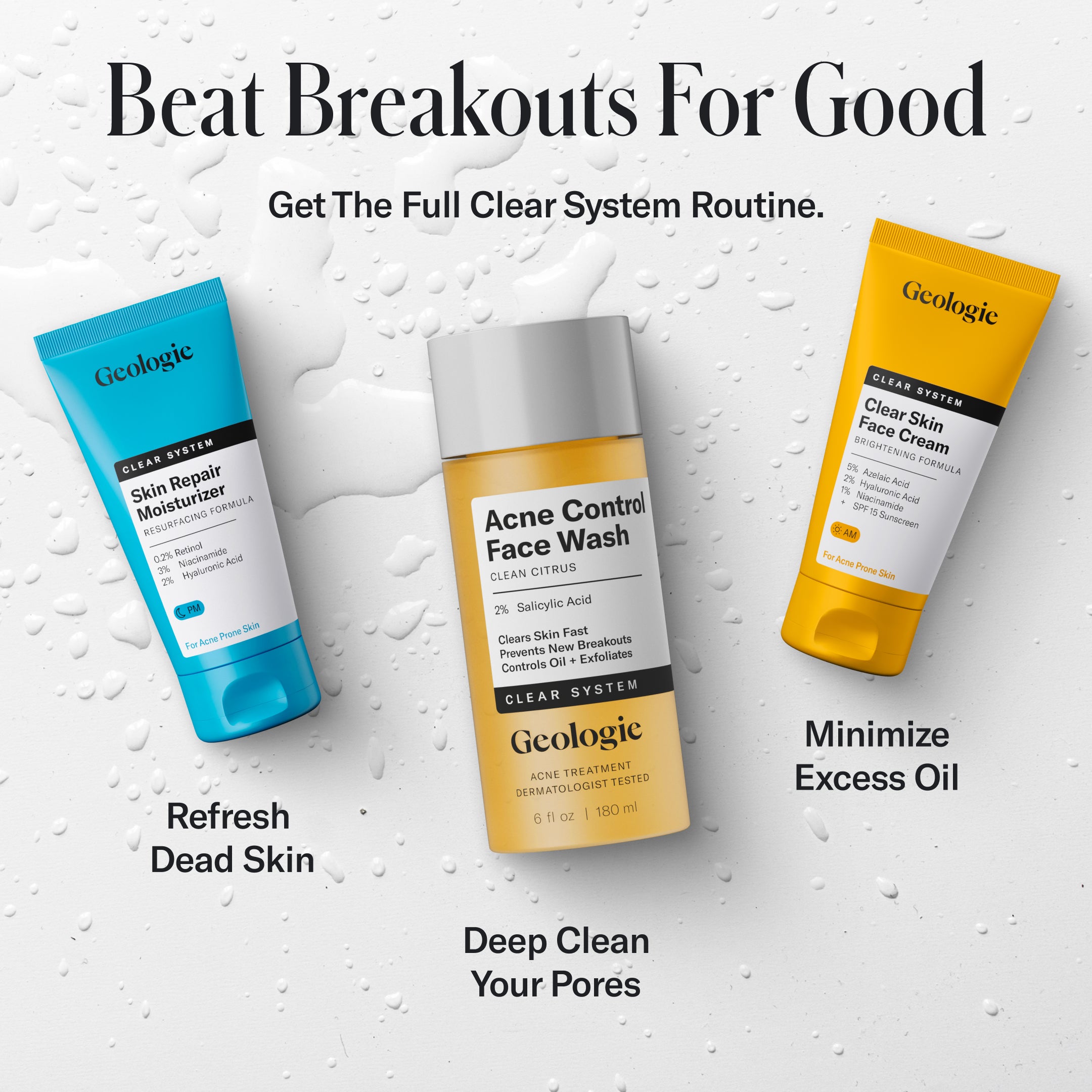 Geologie’s Acne Control Face Wash is shown on a wet surface with text promoting its salicylic acid formula for clearer skin and effective breakout control.
