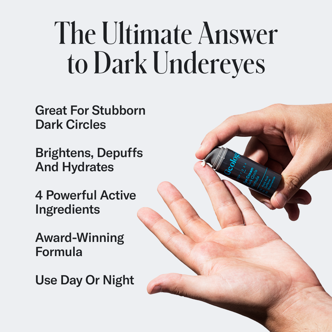 Person holding a product labeled Eye Cream - Dark Circle Formula by Geologie, an eye cream rich in antioxidants and hyaluronic acid, which brightens, depuffs, and hydrates dark under-eye circles with its award-winning formula. Use day or night for best results.