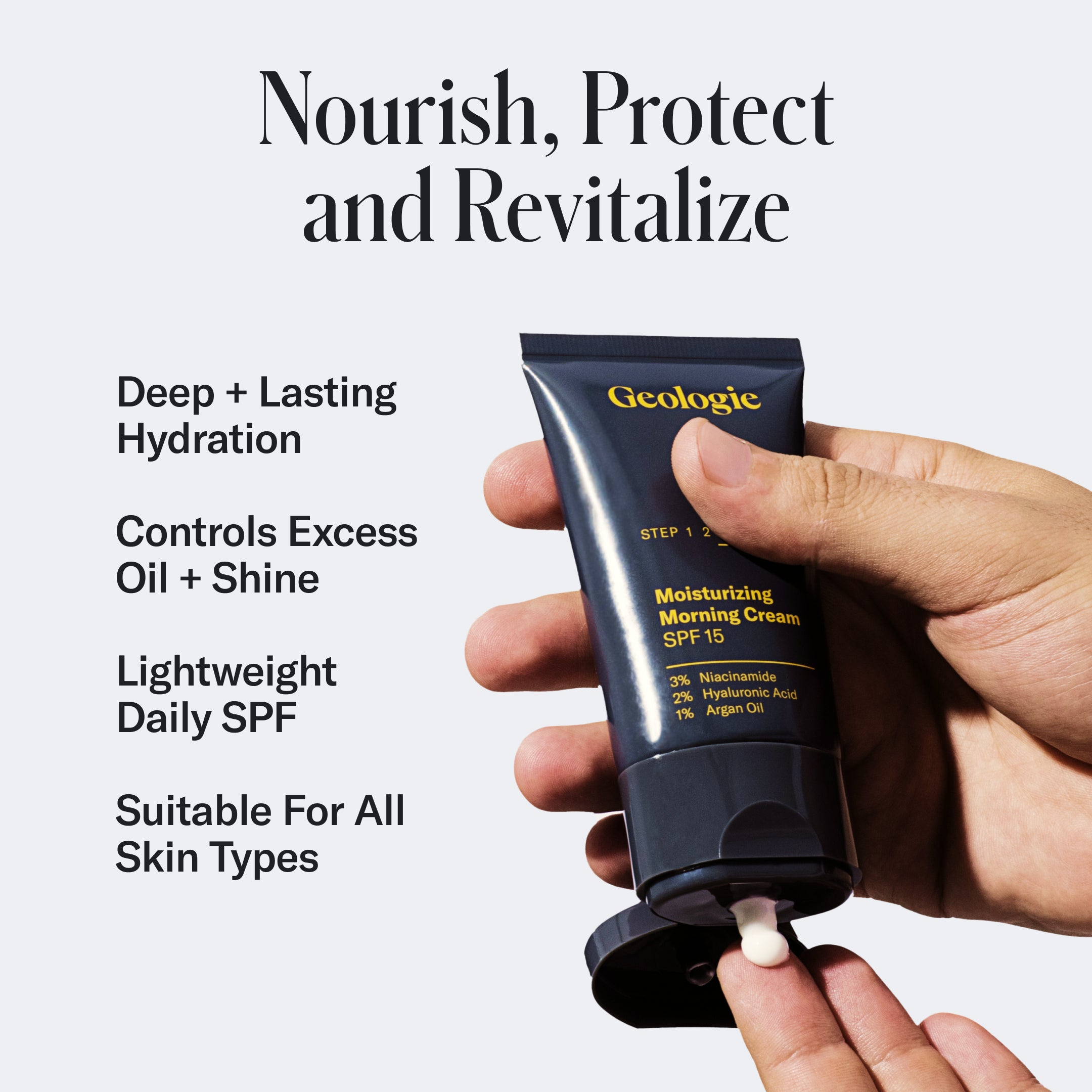A hand squeezes a tube of Geologie Anti Aging Skincare Routine. Text above highlights benefits: deep hydration, oil control, lightweight SPF with UV protection, and suitability for all skin types. Enjoy anti-aging properties that brighten skin and keep it youthful.