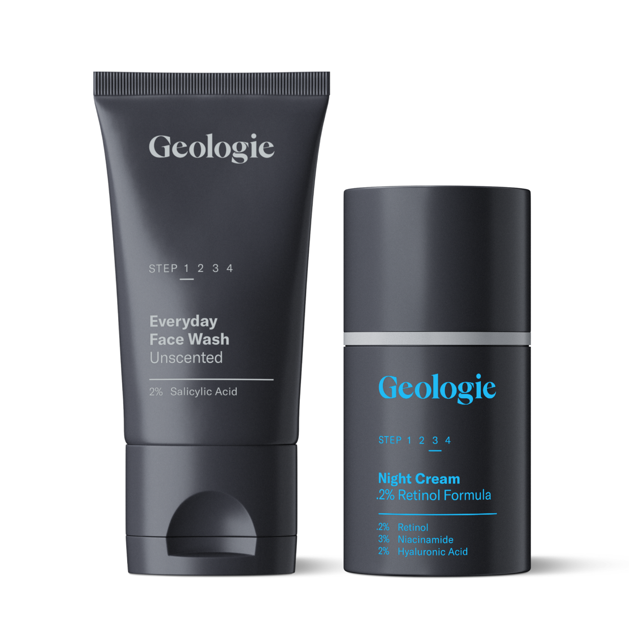 Two Geologie Essential Skincare Sets: a tube labeled everyday face wash and a container marked night cream, displayed against a black background in the recharge cancellation flow.