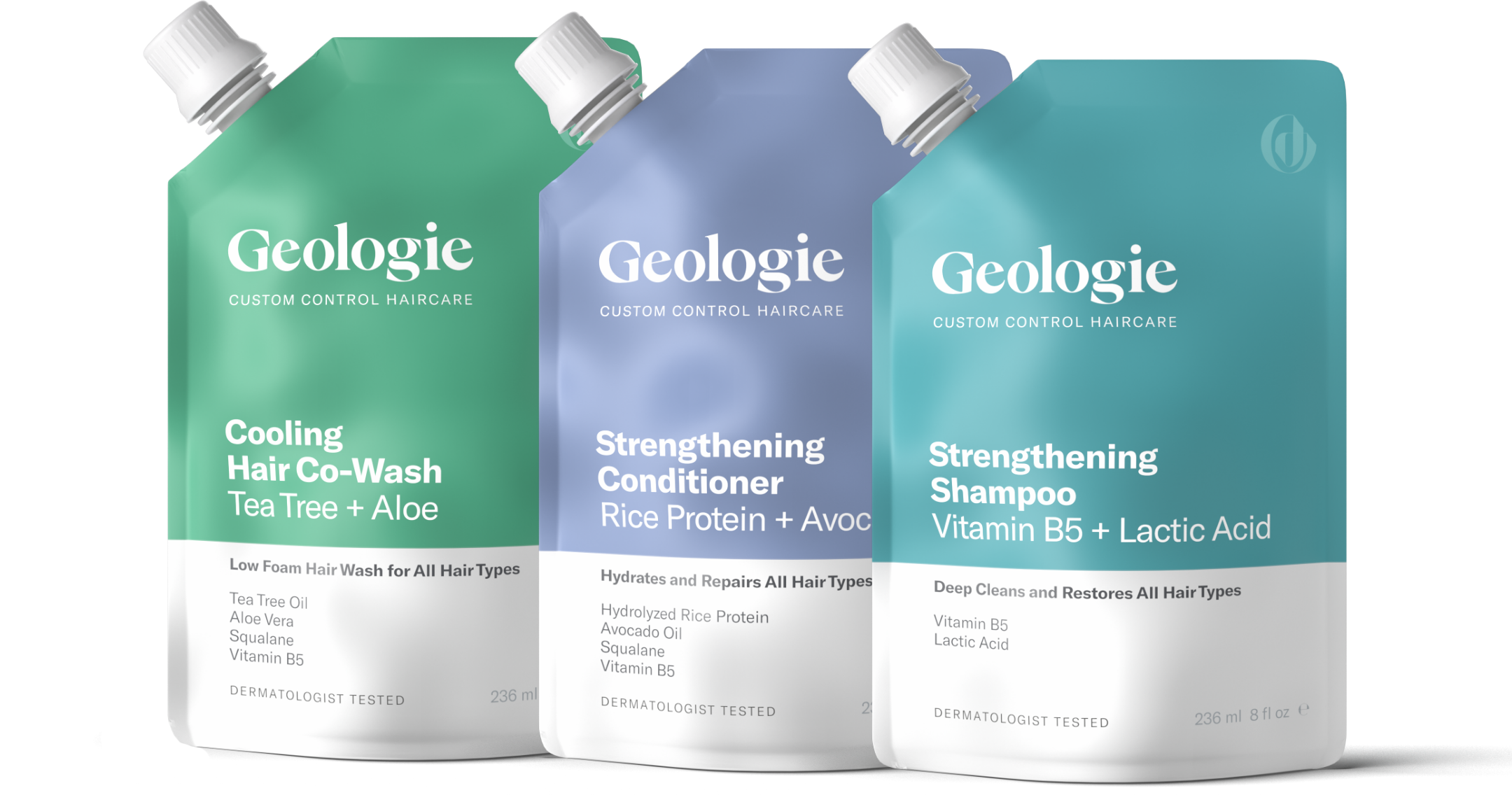 Three bottles of Geologie hair care products that nourish and repair hair, including Cooling Co-Wash with tea tree + aloe, strengthening conditioner, and strengthening vitamin b5 + lactic acid.