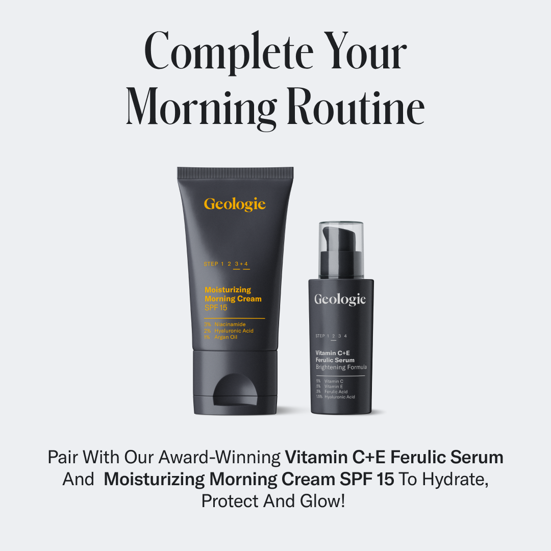 Advertisement for Geologie skincare products featuring a moisturizing morning cream with SPF 15 and a salicylic acid hydrating serum.