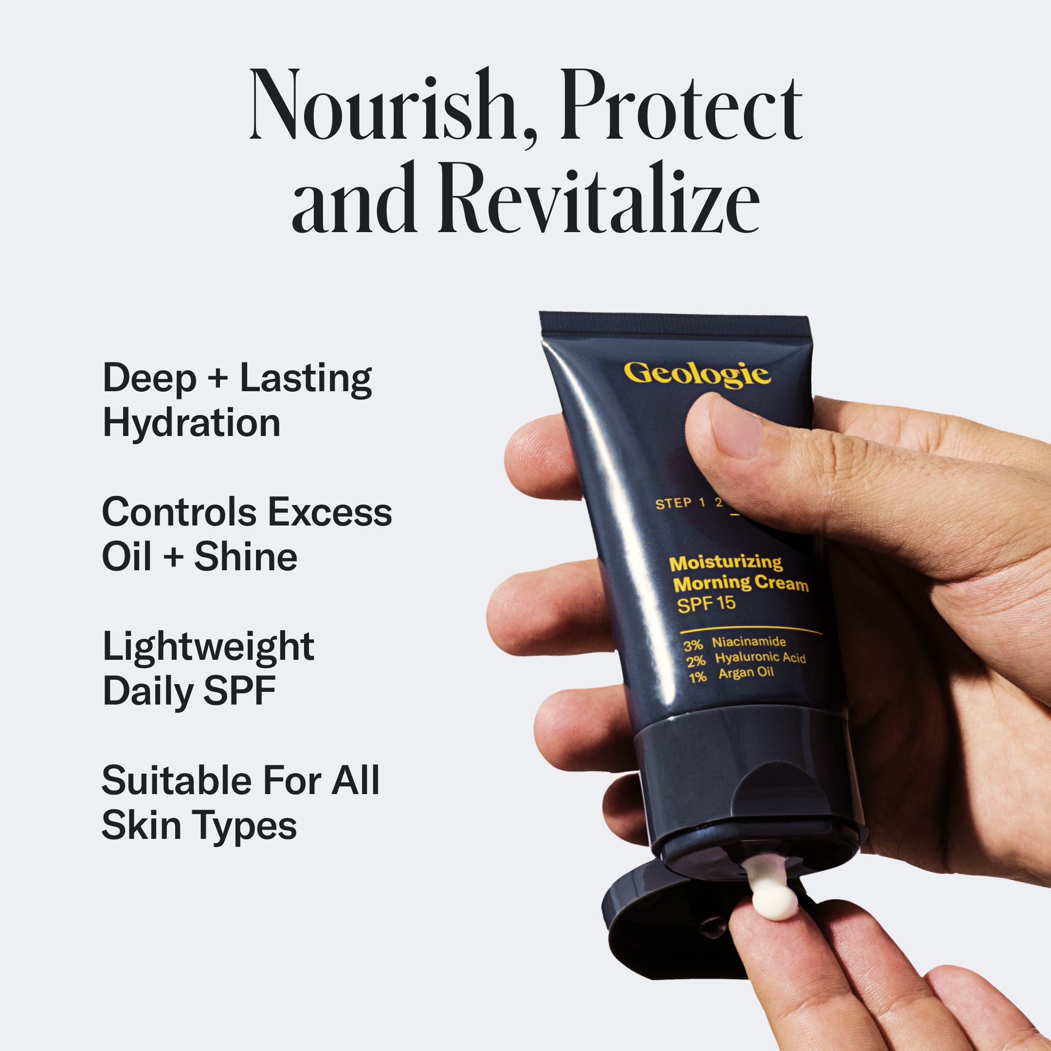 A person is squeezing a tube of Geologie Adult Acne Routine. Text on the left highlights benefits: hydration, oil control, lightweight SPF, suitability for all skin types, and acne treatment with Salicylic Acid.