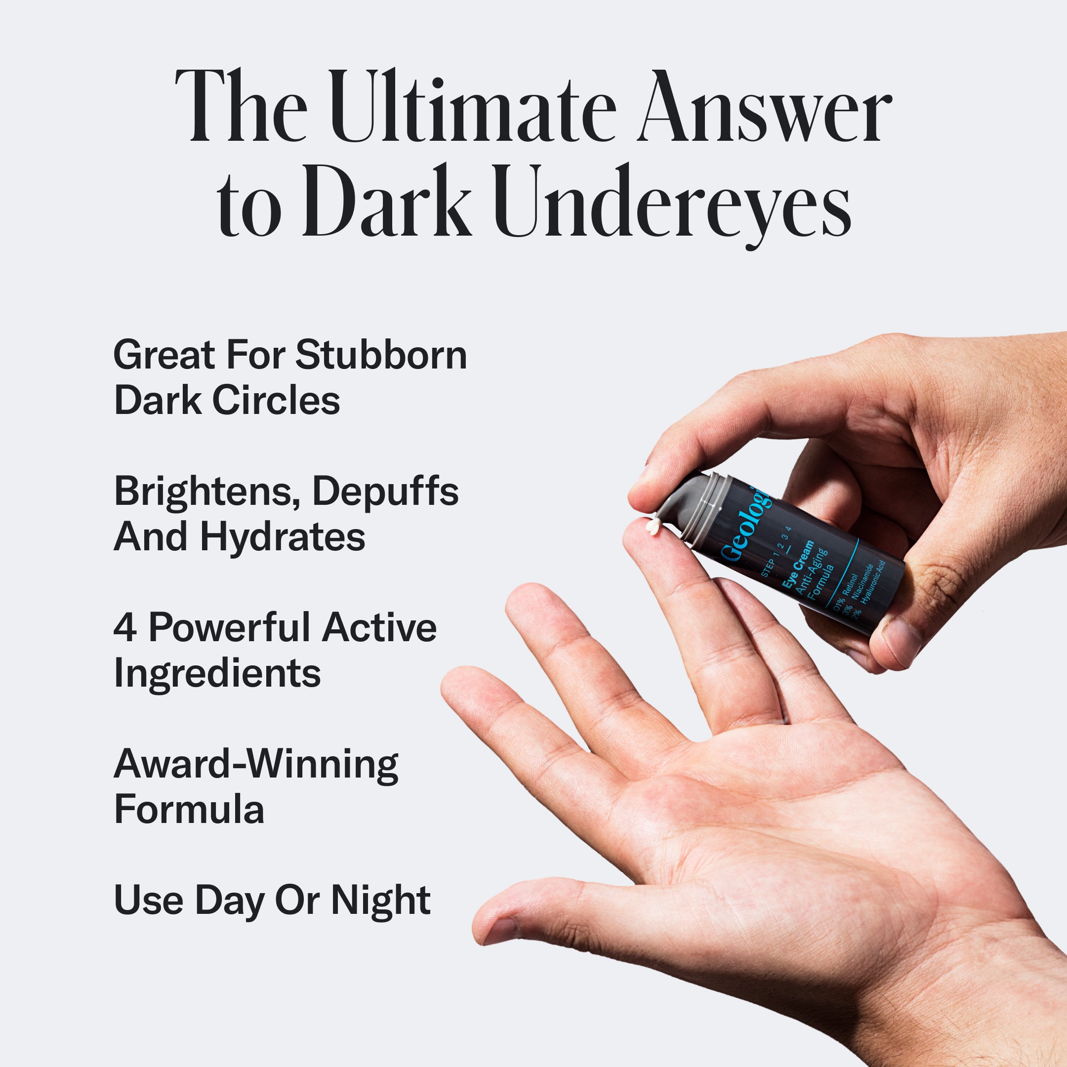 Two hands presenting a small blue bottle labeled Luxury Skincare Set by Geologie, with text detailing product benefits like reducing dark circles and wrinkles.