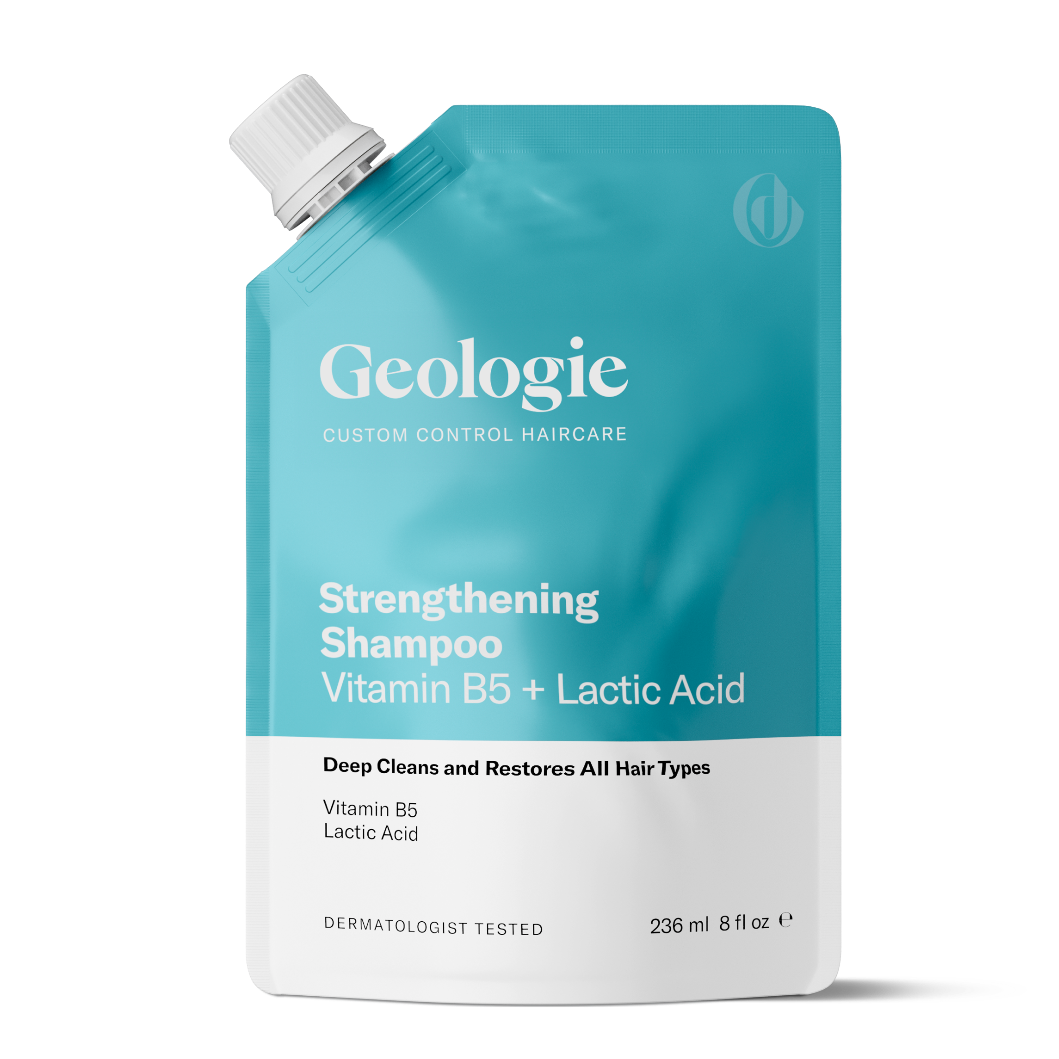 A teal pouch labeled Strengthening Shampoo from Geologie features Vitamin B5 and Lactic Acid, formulated to deep clean and restore all hair types. It has a capacity of 236 ml (8 fl oz).
