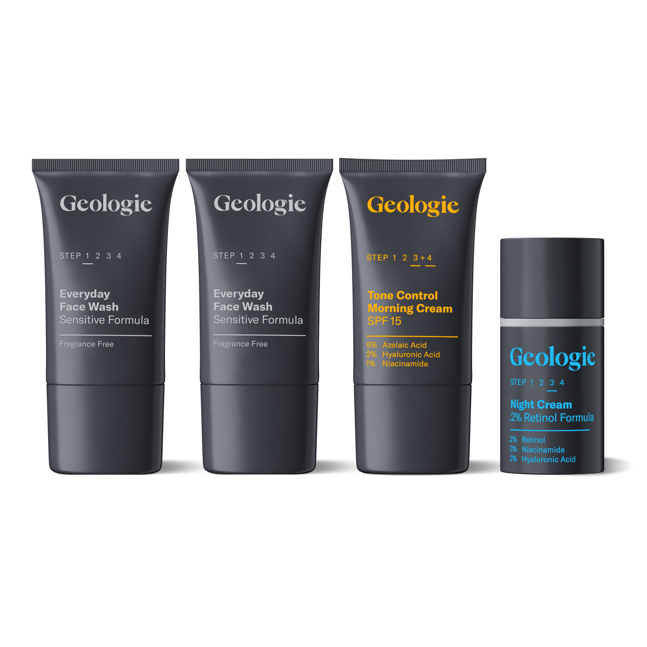 Four Geologie Redness Relief Routine products including face wash, morning cream, azelaic acid toning control, and night cream, aligned on a plain background.