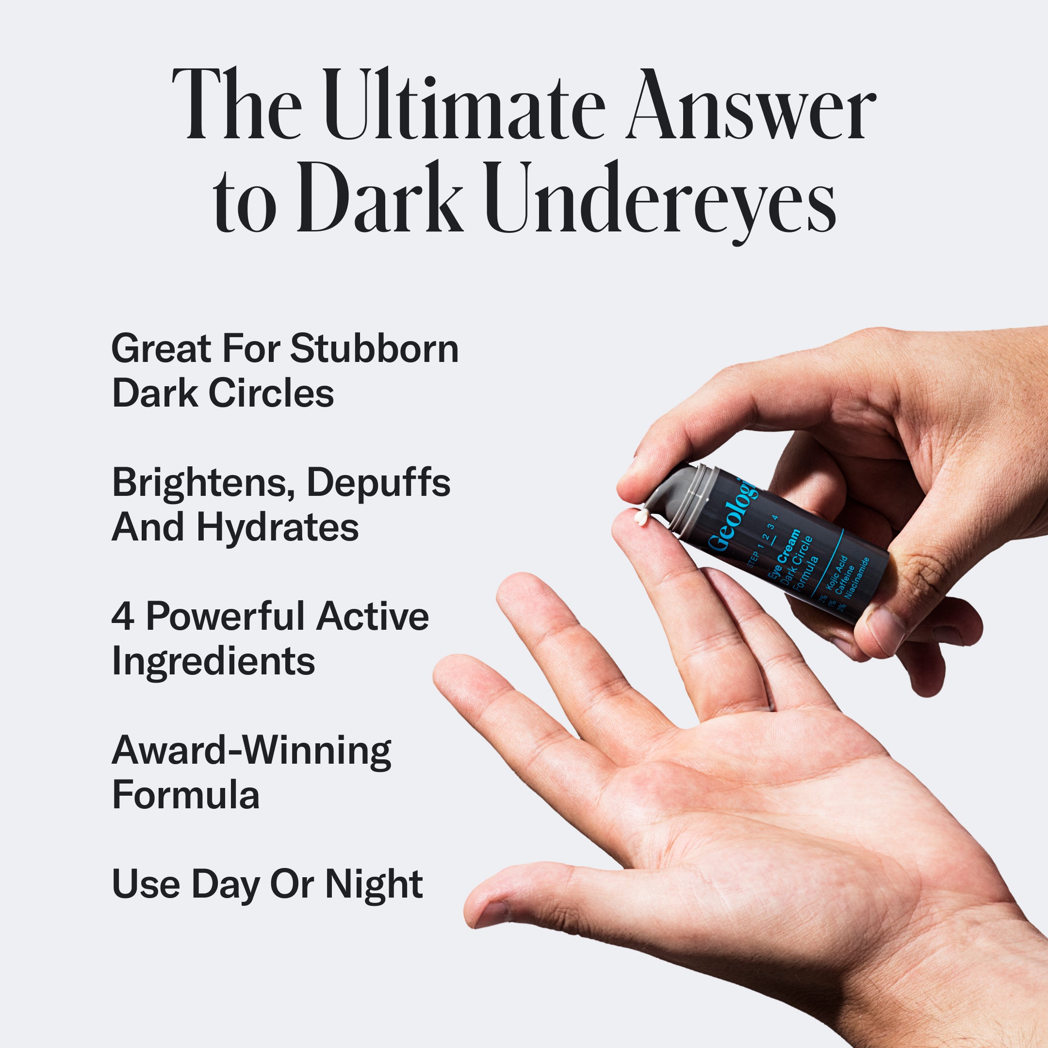 A hand holding a tube of Geologie's Ultimate Skincare Set for dark undereyes. Text highlights features: Great for Stubborn Dark Circles, Brightens, Depuffs, and Hydrates, 4 Powerful Active Ingredients, Award-Winning Formula, Reduces Wrinkles, Use Day or Night.