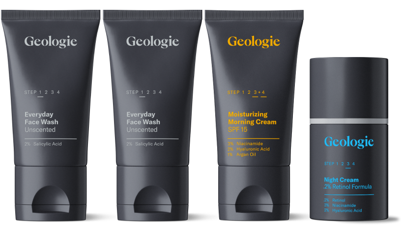 Geologie's Core Skincare Set is on display, featuring four products: two Everyday Face Wash tubes, a Moisturizing Morning Cream with SPF 15, and a Night Cream with 2% retinol.
