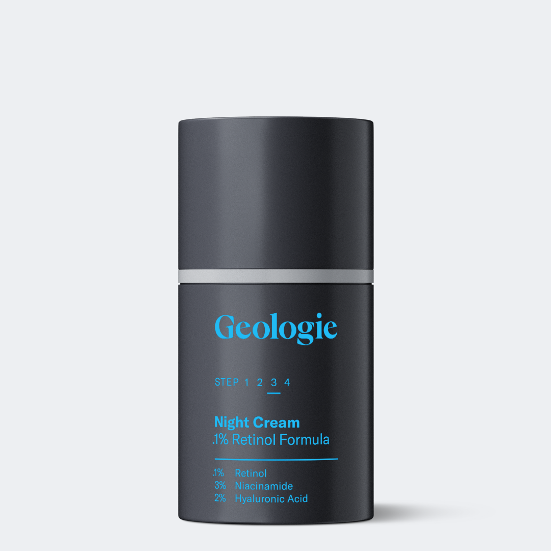 A black skincare product container labeled Geologie Retinol Night Cream with ingredients listed: 1% retinol formula, 3% niacinamide, 2% hyaluronic acid.