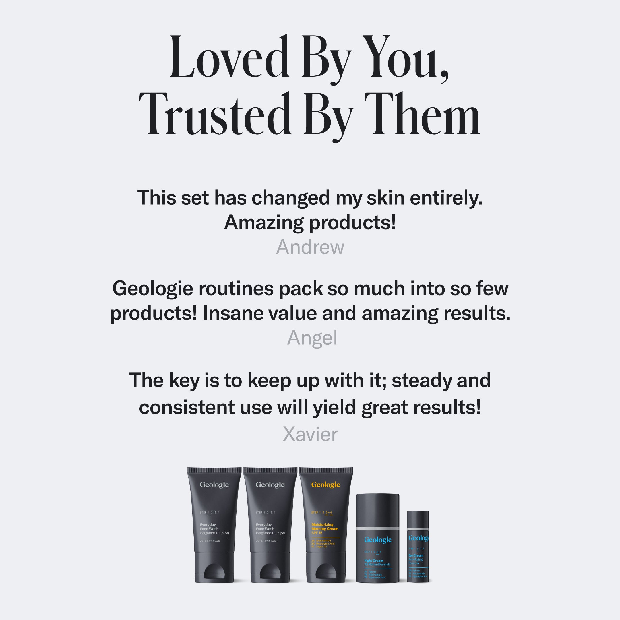 Advertisement for Geologie featuring text testimonials and images of the Complete Skincare Set with clinically-proven ingredients.