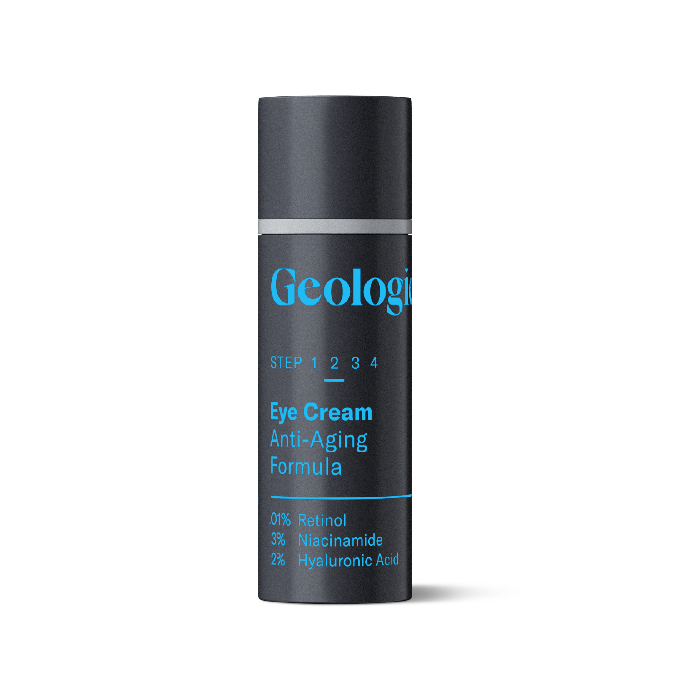 A dark-colored cylindrical container labeled Geologie Eye Cream - Anti-Aging Formula with highlighted ingredients: 1.0% Retinol, 3% Niacinamide, and 2% Hyaluronic Acid to combat fine lines and provide powerful antioxidants.