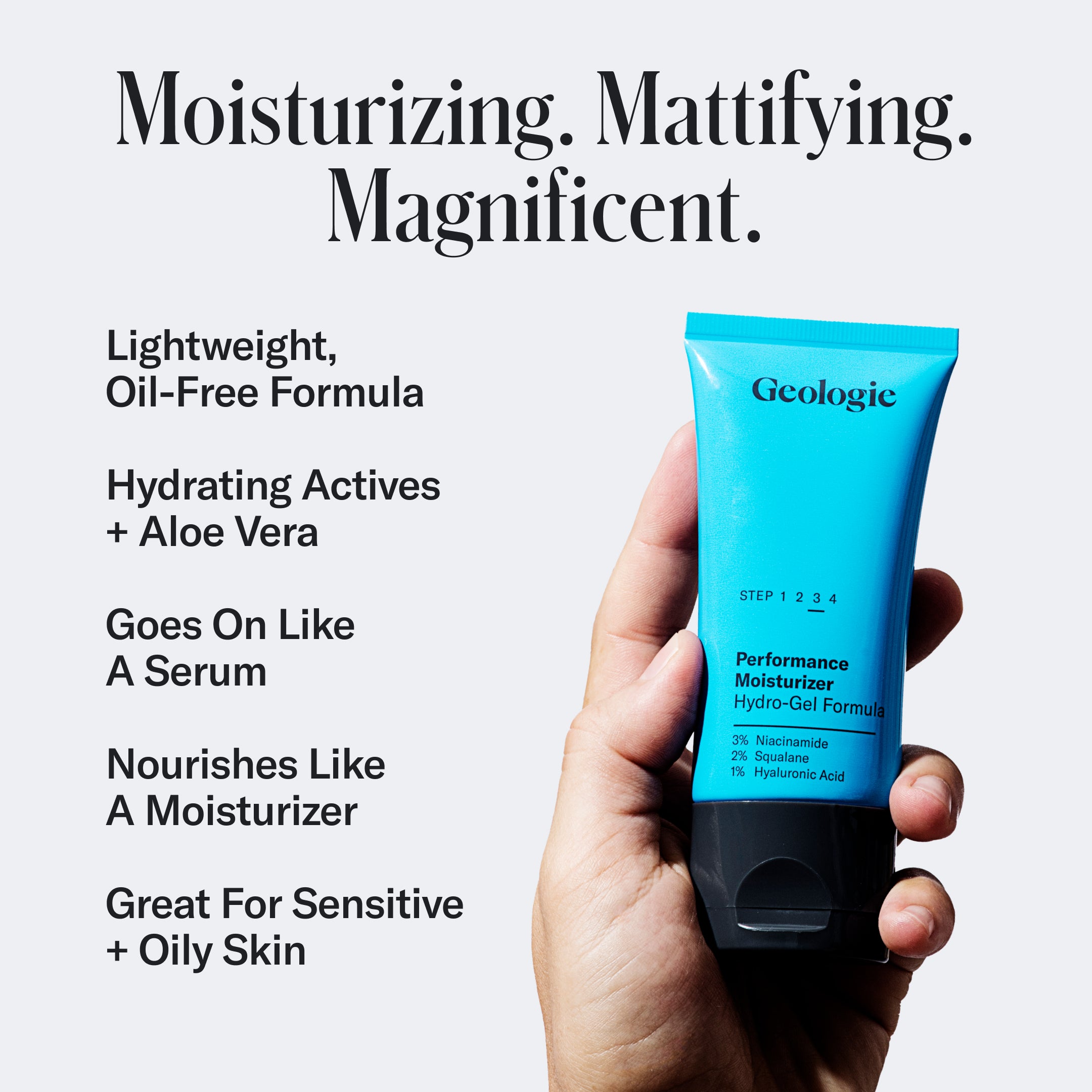 A hand holds a tube of Hydro-Gel Moisturizer by Geologie under text highlighting its features, including a lightweight, oil-free formula with niacinamide, hydrating actives, and suitability for sensitive, oily skin.