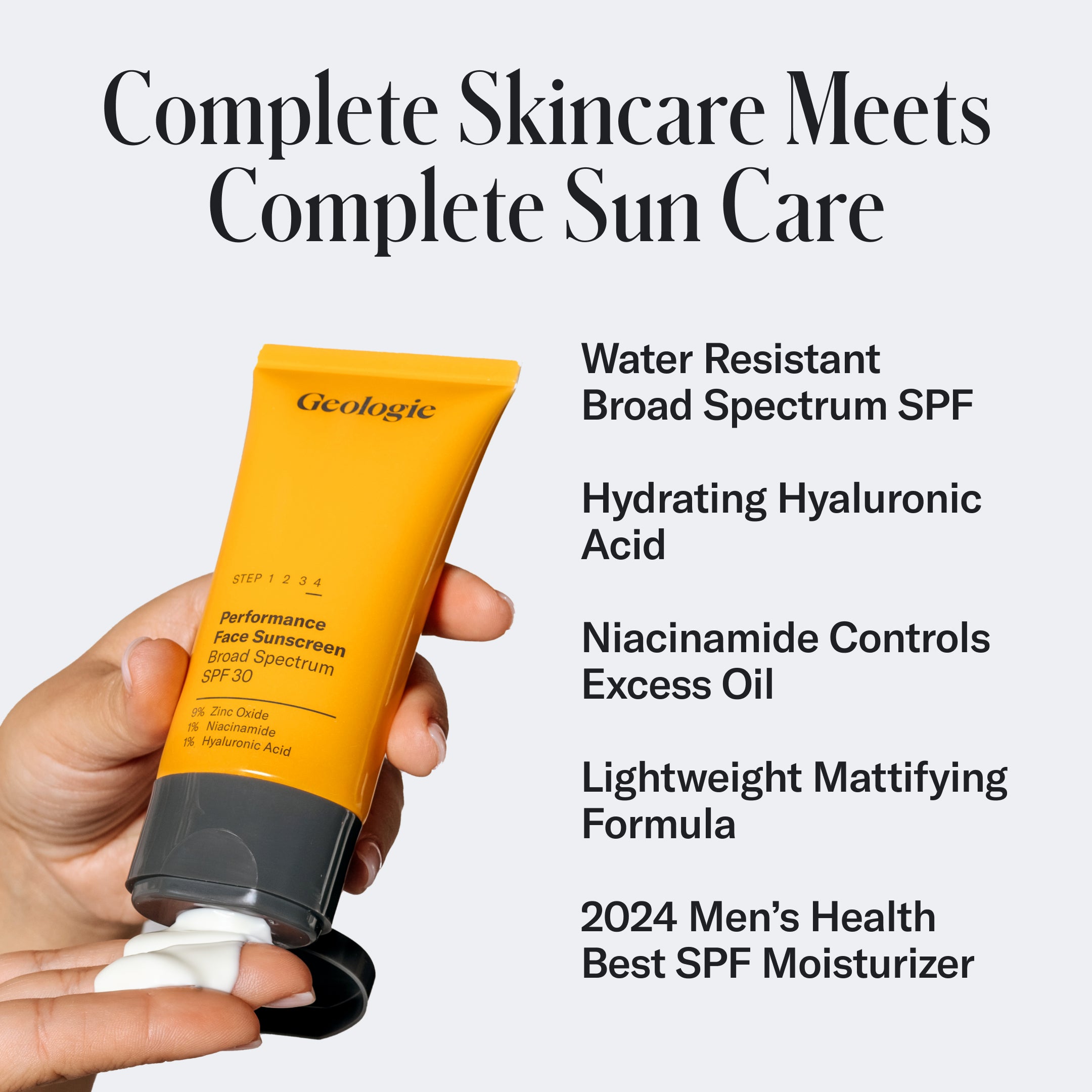 A hand holding a yellow tube of Geologie Broad-Spectrum SPF30 Face Sunscreen next to text that highlights its features, including broad-spectrum SPF30, water resistance, hyaluronic acid, niacinamide, and a lightweight formula. Designed for optimal UVA and UVB protection.