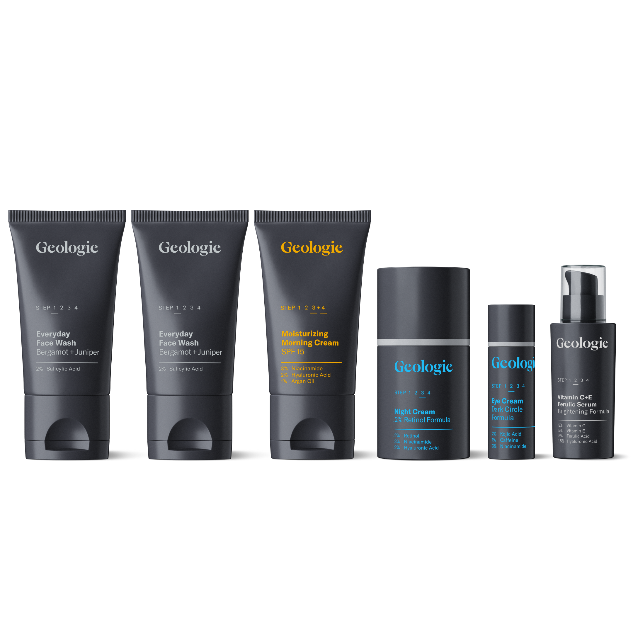 Six Geologie skincare products arranged in a row, including the Deluxe Skincare Set from Geologie.